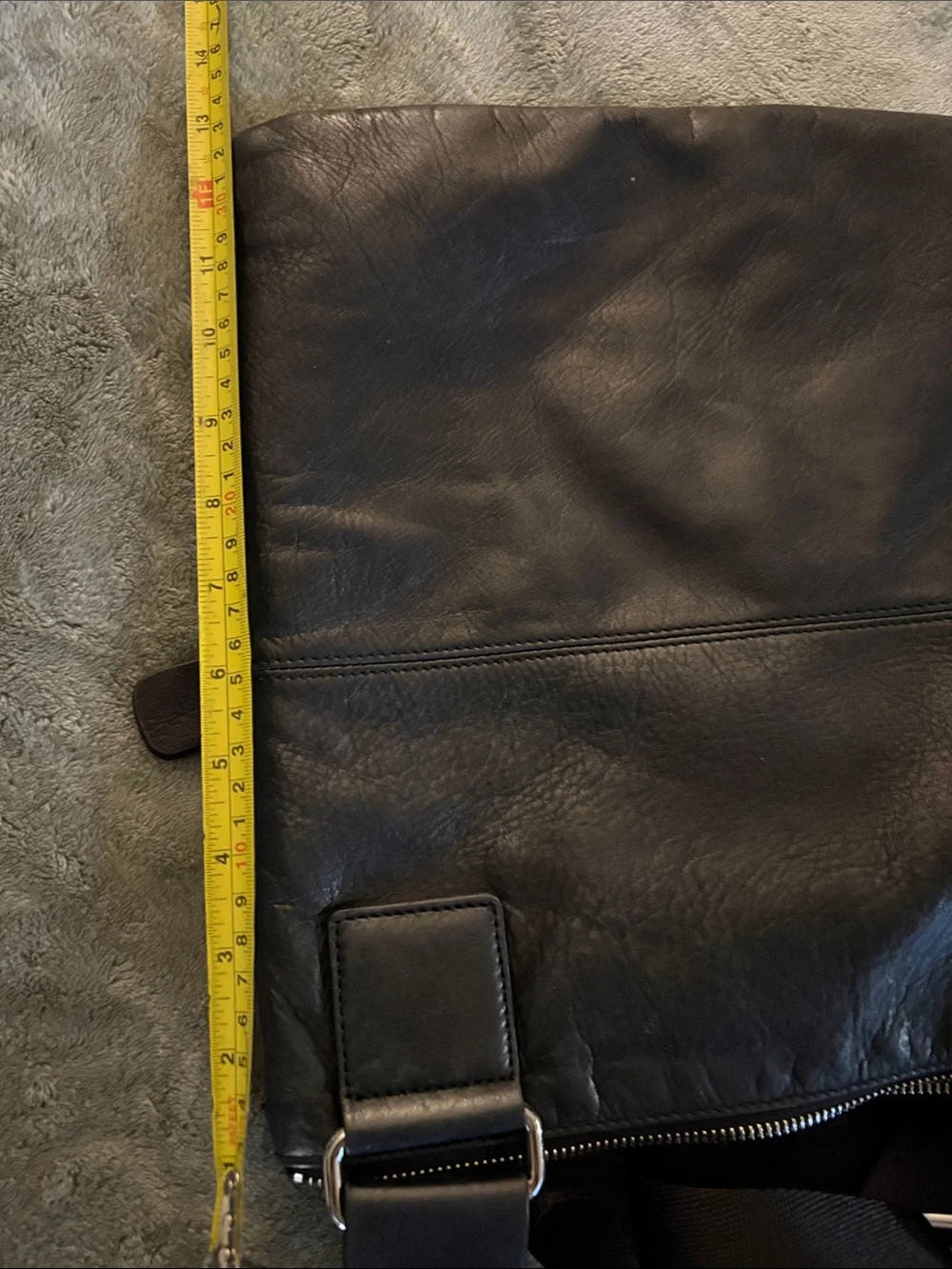 Men's or Womens Black Leather Messenger Bag with Silver Zippers